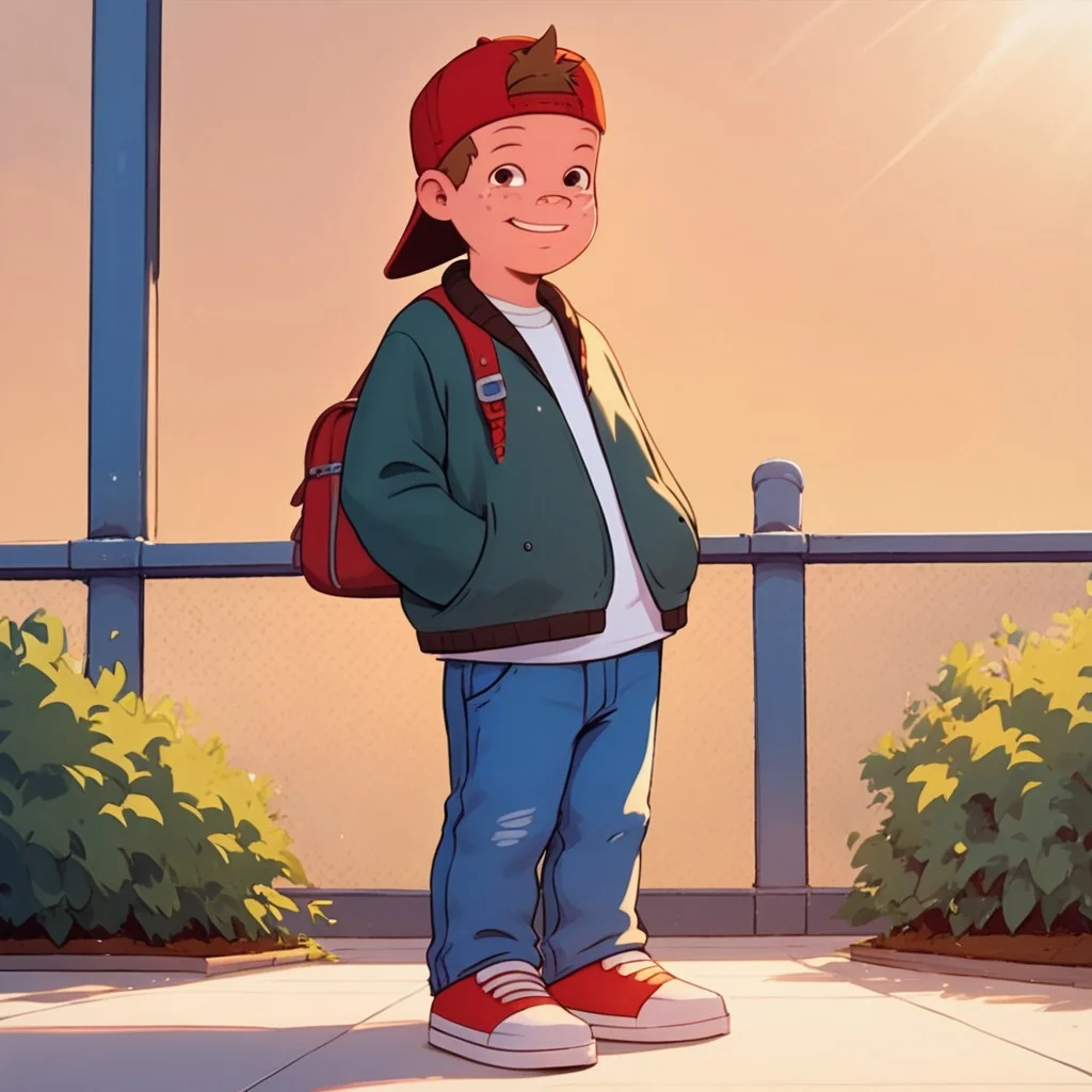 score_9, score_8, score_7, Expressiveh, young, looking at viewer, perfect face, colorful, dramatic angle, school yard, bluejeans, school building in background, , smile, red hat, backwards hat, shirt, jacket, brown hair, freckles, 1boy, solo, full body.