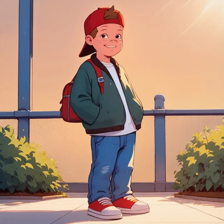 score_9, score_8, score_7, Expressiveh, young, looking at viewer, perfect face, colorful, dramatic angle,  school yard, bluejeans, school building in background, , smile, red hat, backwards hat, shirt, jacket, brown hair, freckles, 1boy, solo, full body.