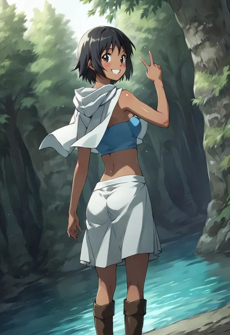 score_9,score_8_up,score_7_up,perfecteyes, shiny skin, fm_akm963, 1girl, solo, breasts, black hair, black eyes , short hair, cape accessories, midriff, tube top, strapless, skirt, knee boots, tan ,blush, upper body, v, smile, hood, forest, day, water, upper body, dutch angle, cowboy shot, look back, from behind, back,