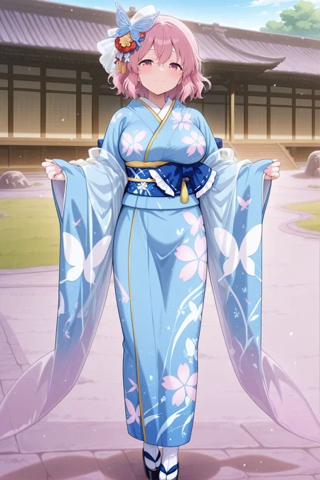 absurdres, highres, masterpiece, best quality, amazing quality, official anime artwork, screencap, anime screencap, outdoors, looking at viewer, light smile, dynamic pose, standing,
<lora:Yuyuko-Saigyouji_IllustriousV3:1> saigyouji yuyuko, 1girl, solo, pink eyes, pink hair, short hair, large breasts,, saigyouji yuyuko \(national peace ghost\), alternate costume, hair ornament, kanzashi, veil, butterfly hair ornament, japanese clothes, blue kimono, furisode, blue obi, floral print, print kimono, long sleeves, wide sleeves, new year, see-through clothes, okobo,