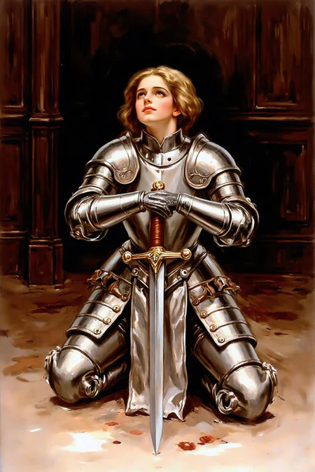 hafisher1 illustration.
A young woman, facing directly at the viewer, is dressed in polished medieval armor, kneeling in a dimly lit, richly paneled room. she is holding a broadsword with both hands.
She gazes upward with a contemplative expression, her blonde, shoulder-length hair cascading down her back.
<lora:hafisher1_cap_d6a3e12:1.0><lora:829842949509676240:0>