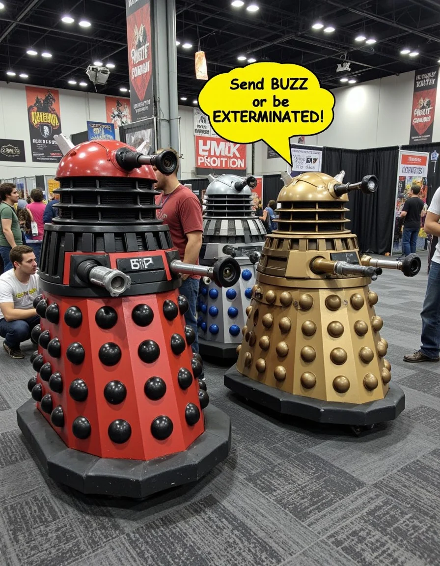 A trio of Dalek (Dr. Who), realistic, made of plastic, in a carpeted crowded exhibit hall at a convention center during a comic-con ((booths of comics, action figures, souviners) (people in cosplay of japanes anime and superhero characters)). image234_234.cr2 candid snapshot. large Yellow speech bubble in the middle says "Send BUZZ or be EXTERMINATED!" <lora:aidmaNSFWunlockV2:.35> aidmaNSWFunlock