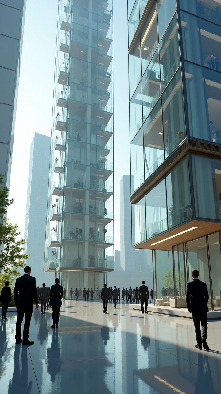 A futuristic office building with transparent elevators zooming up and down the outside, filled with people in smart suits. 
, <lora:aidmaImageUpgrader:0.25> aidmaimageupgrader ,
 <lora:aidmaHyperRealismV0.2:0.7> aidmahyperrealism