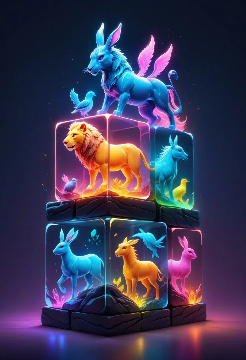 colorful translucent mable cube stack,carved with animals, lion,horse, rabbit,bird,squalo, glowing,Fantasy illustration style, transports viewers to imaginative worlds, epic landscape, and heroic adventures, sparks wonder and inspiration, neon_style