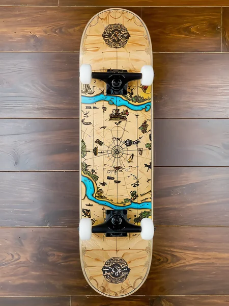 EdobSkate,skateboard designed to look like an old pirate treasure map, complete with 'X' marks the spot, set against a tropical island background <lora:EdobSkate_XL_v1.0:0.8>, best quality, uhd, 8k, detailed