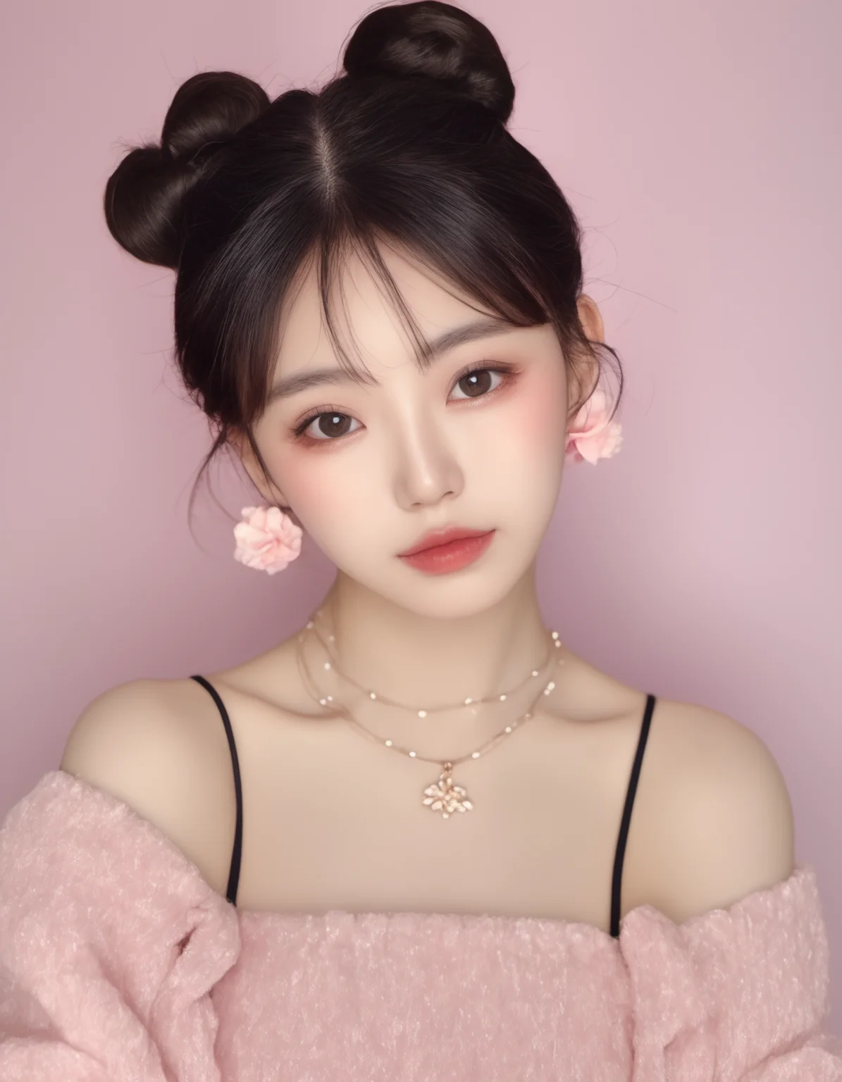 Portrait of a young Korean woman, front composition,
Korean style makeup, plump cheeks, Bun black hair,
round-faced, skinny, Small and thin,
sexy pink streetwear showing shoulders,
cosmetics, Floral ornament, String Lights,
blurred background
kissmilk <lora:KissMilk:1>
