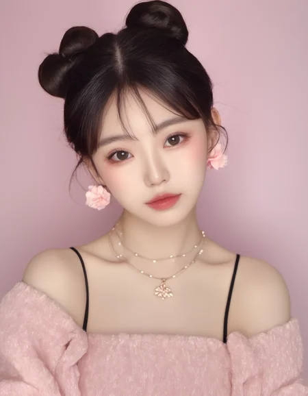 Portrait of a young Korean woman, front composition,
Korean style makeup, plump cheeks, Bun black hair,
round-faced, skinny, Small and thin,
sexy pink streetwear showing shoulders,
cosmetics, Floral ornament, String Lights,
blurred background
kissmilk <lora:KissMilk:1>