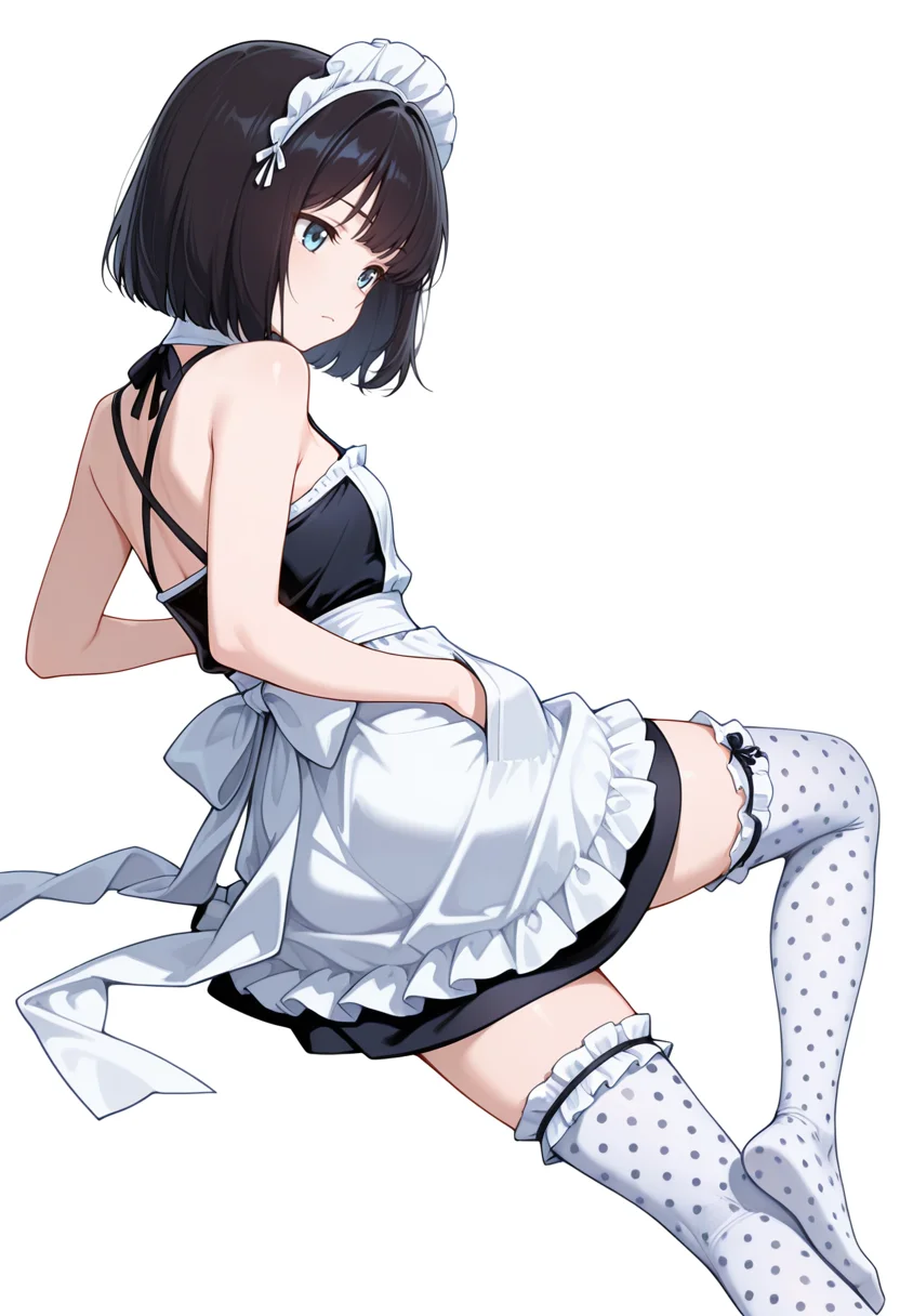 masterpiece,high quality details, absurdres,
<lora:Sara_Takahashi:0.8>
sara_cnr,1girl, black hair, bob cut, short hair, bangs, blue eyes,, simple background, white background, from behind,solo,, raised eyebrow,frown,, one hand in pocket,reclining pose,peaceful mood,, criss-cross halter,maid apron,frilled thighhighs, ,polka dot legwear pantyhose,
