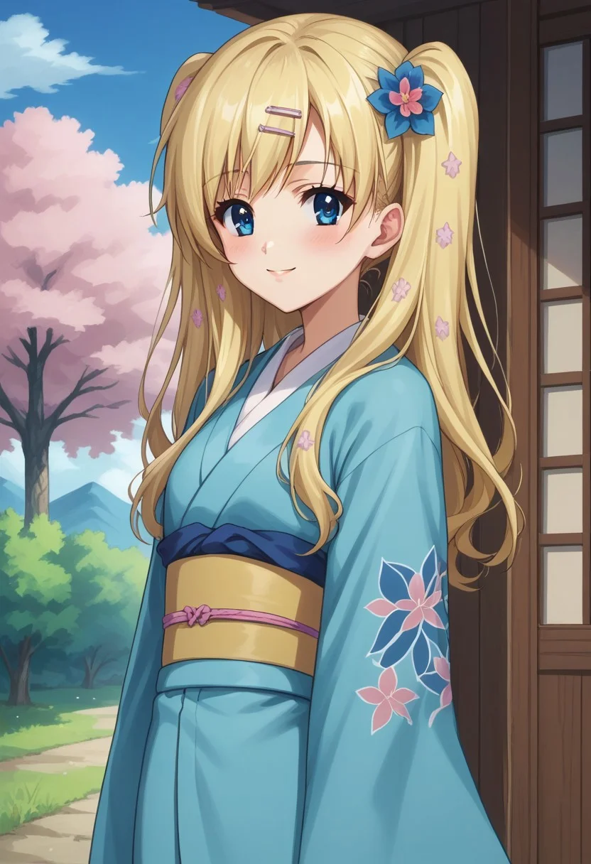 score_9, score_8_up, score_7_up, source_anime, highly detailed,
cordeliaglauca, 1girl, solo, japanese clothes, blonde hair, kimono, long hair, smile, hair ornament, blue eyes, flower, obi, sash, floral print, upper body, blue kimono,
twintails, hair flower, looking at viewer, hagoita, furisode, standing, two side up, blush, wide sleeves,
outdoor, sky, tree