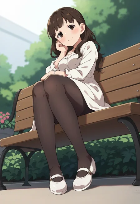 score_9, score_8_up, score_8, source_anime, 1girl, <lora:MarinaSugisaki:0.85> , solo, brown eyes, brown hair, long hair, white dress, black pantyhose, breasts, blush, smile, looking at viewer, full body, view from below, sitting on bench,
garden background, blurry background,