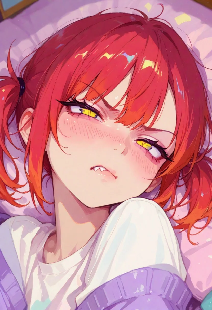 Flat colors, high detailed, high quality, masterpiece, best quality, very awa, absurdres, detailed eyes, detailed face, detailed skin, simple background, BREAK
(colourful:1.3), (cute character:1.5), (detailed face:1.4), (tsundere expression:1.4), (blush:1.3), (red hair:1.5), messy hair, twin tails, (sharp eyes:1.3), pouty lips, 1girl, 25 years old, adult, portrait, close-up, face focus, depth of field, looking at viewer, white shirt, purple cardigan, off shoulder, lying, from above, warm and sunny atmosphere, soft pastel colors, cozy bedroom, detailed background,
748cmstyle, artist:moriimee
