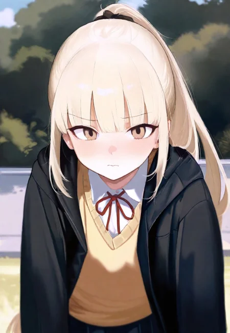 masterpiece,best quality,amazing quality, detailed, 

park, 

1girl, (hazel eyes:1.3), light blonde wavy long hair, ponytail, bow on ponytail, bangs in the front, big eyes, white blouse, yellow school vest, dark blue pleated short skirt, black jacket, hood off,

masterpiece,best quality,amazing quality, detailed