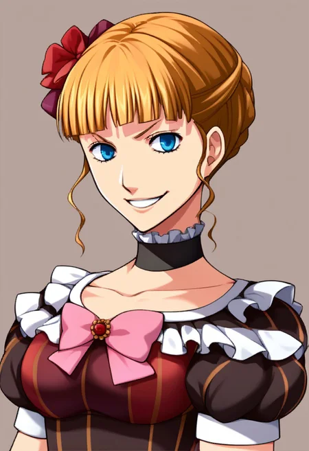 score_9, score_8_up, score_7_up, source_anime BREAK <lora:zs_ZeroAzurePortraitsXL:1> zeroazureportraits, solo, upper body, simple background, upper body, 1girl, evil smile, beatrice (umineko), dress, pink bow, choker