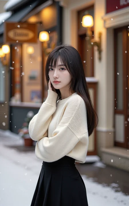 A delicate young girl in a cozy white sweater and black knee-length skirt stands gracefully on a snow-covered street in a small Parisian town. Her face carries a soft,tranquil expression,her eyes reflecting the quiet beauty of winter. She gently rests one hand on her head,a natural and elegant pose. Behind her,a quaint little gift shop glows warmly,its vintage French signage and decorated window adding to the nostalgic atmosphere. Snowflakes fall softly around her,illuminated by the golden streetlights. Shot in an ultra-realistic,romantic photography style,with a soft-focus bokeh effect,warm winter tones,and a dreamy,ethereal ambiance.,
<lora:baby-base-01-flux:0.8>,baby,long black hair,bangs,she has a slender physique and a petite build,
