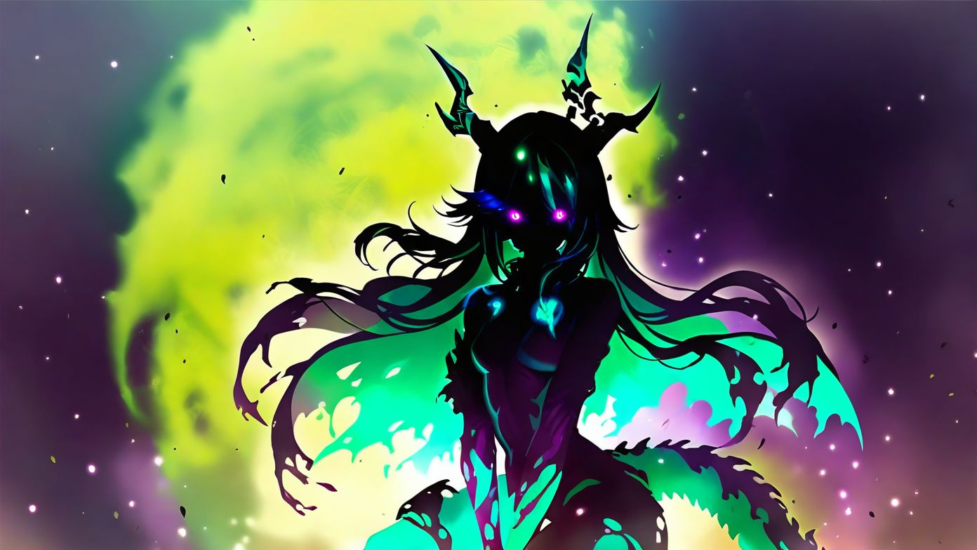1girl, woman , small breast   , between the legs, dragon girl, (dragon horns:1.2), flowing hair,  bright green eyes , (glowing eyes:1.4), torn clothes, black hair, long hair ,swept bangs hair flaps , (burn injury glowing green on her face:0.85), green flaming eye, made of ([green and black]:1.3) colors, high contrast, high saturated, vivid deep blacks, (glowing flying green ember on the background:1.3), (simple background:0.85), blurry background, silhouette, harada miyuki style, masterpiece, best quality, <lora:harada_miyuki_style:1>