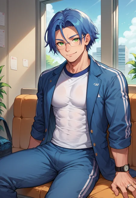 score_9, score_8_up,score_7_up, score_9, score_8_up,score_7_up, source_anime, 1boy, solo, <lora:EPpkJamesPony-07:0.9> EPpkJames, medium hair, blue hair, green eyes, blue jacket, blue pants, closed mouth, glasses, gym teacher, gym uniform, indoors, jacket, jewelry, large pectorals, looking at viewer, male focus, muscular, muscular male, open clothes, open jacket, pants, pectorals, ring, sitting, smile, watch, wristwatch