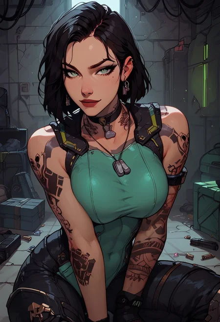 Score_9, Score8_up, Score_7_up, (((High Resolution, Best Quality))),
1girl, solo, toned arms, sleeveless, Covered in Tattoos, neck tattoos, hair tied up, black hair, green stripe in hair,
futuristic, futuristic armor, neon green lights on bodysuit, armored suit, body armor, armor, plated armor, revealing bodysuit, tight bodysuit, tactical, military gear, toxic canisters, toxic chemicals, poision vials,
large breasts, choker, dog tags, ear piece,
seducing, seductive, flirty, tender, loving, playful, looking at viewer, smug,
Sitting on ground, leaning against wall, relaxed, leaning back, arm resting on knees, arm on knee,
inside, Military, military base, military barracks, cots, crates, military boxes, guns, bullets, supplies, armory,
