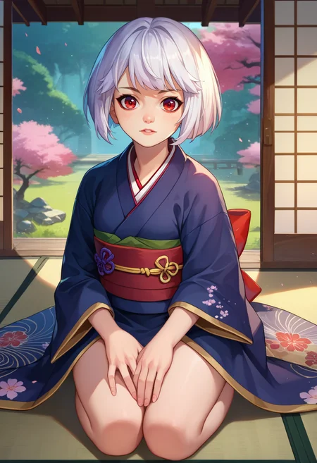 score_9, score_8_up, score_7_up, 1girl, Orphea, white hair, short hair, red eyes, kimono, kneeling, dojo, looking at viewer, <lora:Orphea DORER:1>