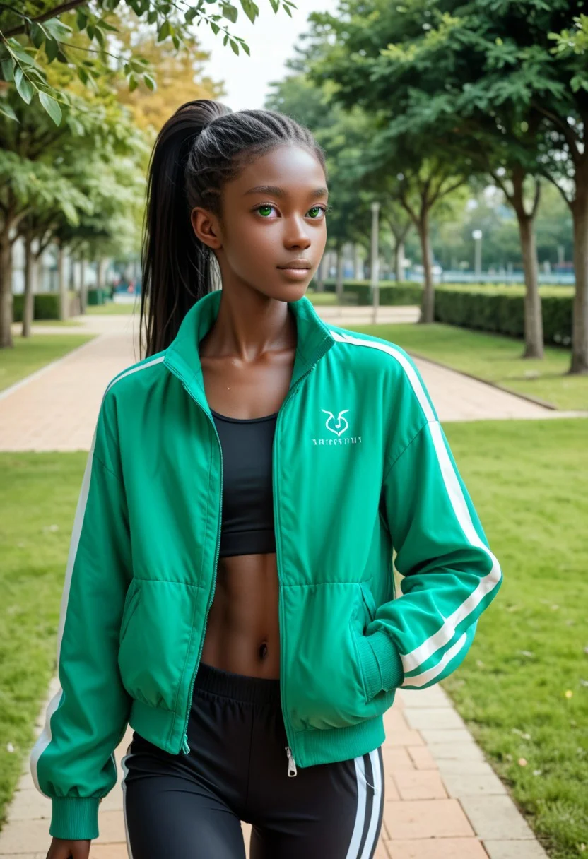 1girl, Masterpiece, 8k, ultra high detail, score_9, score_8_up, score_8, medium breast size, sporty long deepblack ponytail hair, fcNeg, stunning green eyes, black skin, ebony skin, small nose, innocent beauty, slim face, cute face, athletic body, perfect body, extreme detailed body, perfect face, ultra high detailed face, perfect eyes,
Sideview,
Joggingclothes, softshell jacket,
Jogging in park,
