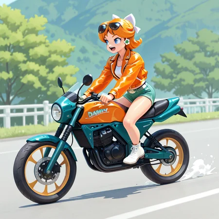 <lora:Daisy MKW Adventure Illustrious:.9> DaisyMKWAdventure, orange jacket, shorts, sunglasses, riding motorcycle