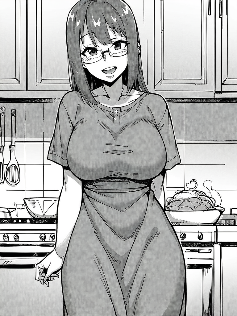 score_9, score_8_up, score_7_up,  
1girl, monochrome, futaba Ikumi, mature female, long hair, grey hair, glasses, large breasts,

standing, smile, indoors, kitchen, solo, grey dress, short sleeves,  open mouth, looking at viewer,