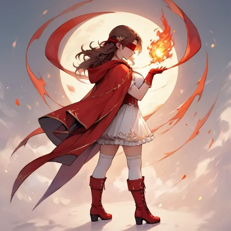 (score_9), (score_8_up), (score_7_up), (score_6_up), (score_5_up), (score_4_up), (masterpiece), best quality, detailed eyes, female, long hair, brown hair, red blindfold, large breasts, short white dress, red corset, red gloves, red hooded cloak, oversized red belt, gold buckle, gold trim, white stockings, red boots, fire magic, standing, side profile, looking at hand