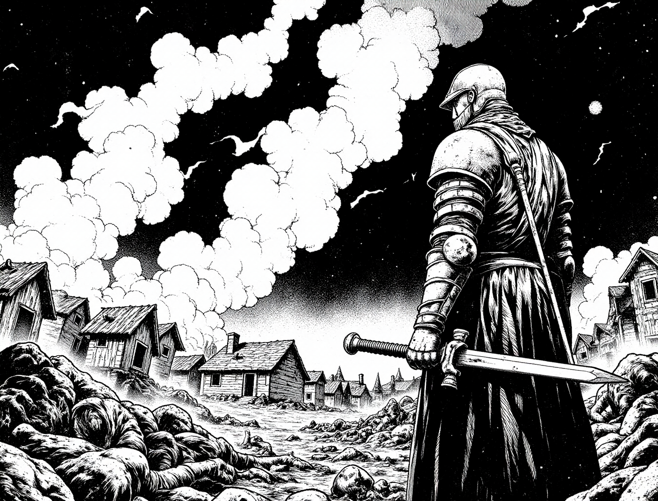 black-and-white manga style, a knight stands at the entrance of a village, his posture heavy with despair as he gazes upon the chaos within. The village is engulfed in flames, with smoke billowing into the sky, creating a stark contrast against the darkened landscape. The ground is littered with bodies, remnants of the brutal attack that he failed to prevent. The knight, clad in battered armor, grips his sword tightly at his side, its blade stained with the remnants of battle. His expression is one of deep sorrow and regret, reflecting the weight of his perceived failure to protect the innocent. The scene captures the somber atmosphere of loss and destruction. <lora:Omaro_style-000001:1.0>  <lora:NeonFantasyFLUX:0.4> <lora:RetroAnimeFluxV1:0.6> ne0nfant4sy