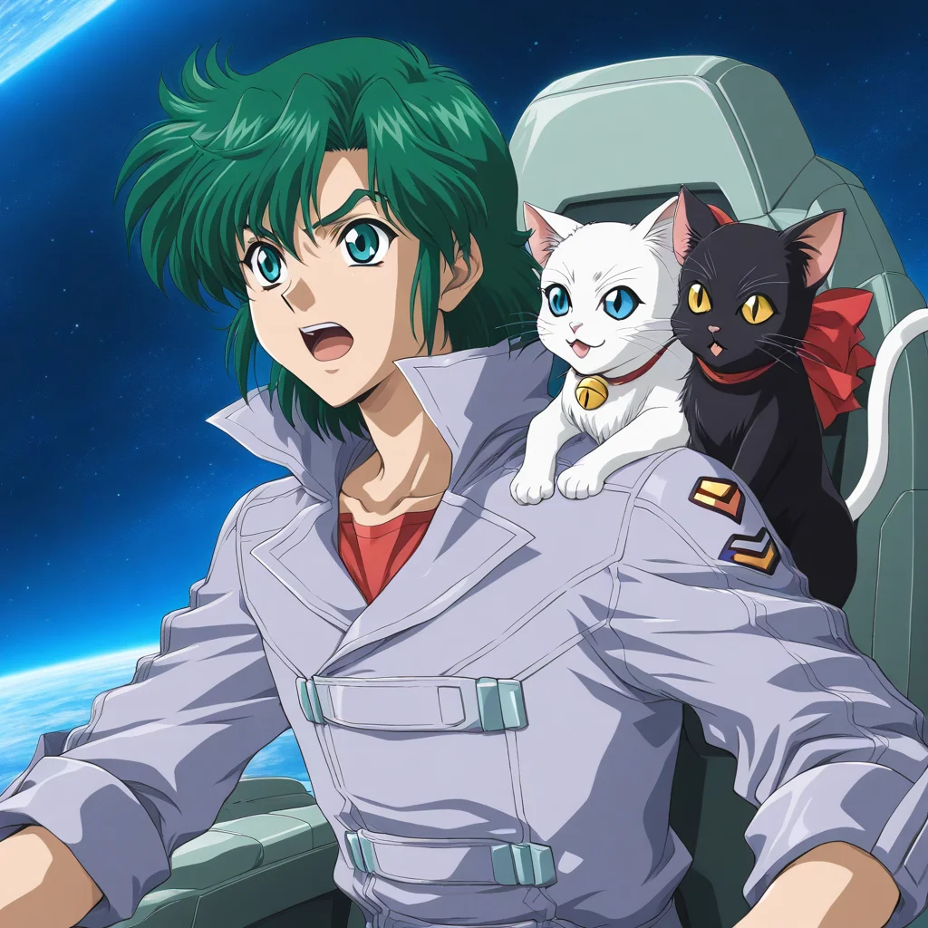 <lora:Masaki_Andoh:1>,masaki andoh,cat,1boy,kuro \(srw\) black cat,shiro \(srw\) white cat,male focus,cockpit,space,open mouth,jacket,pet,animal,sitting,cat on shoulder,chair,solo,animal on shoulder,grey jacket,red shirt,official art,masterpiece,high score,great score,absurdres,