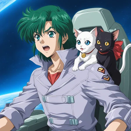 <lora:Masaki_Andoh:1>,masaki andoh,cat,1boy,kuro \(srw\) black cat,shiro \(srw\) white cat,male focus,cockpit,space,open mouth,jacket,pet,animal,sitting,cat on shoulder,chair,solo,animal on shoulder,grey jacket,red shirt,official art,masterpiece,high score,great score,absurdres,