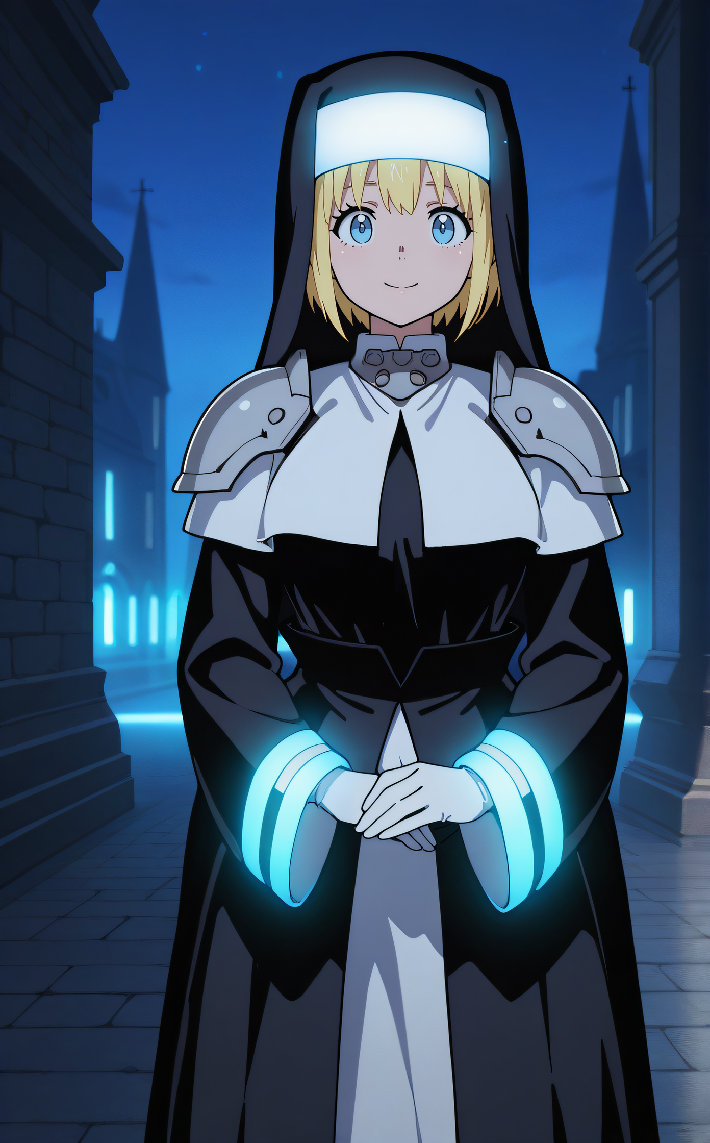masterpiece, best quality, highres, scenery, newest, 1girl, solo, official style, <lora:IL_Sister_Iris:1>, iris, nun, glowing stripes clothes, black dress, shoulder armor, long sleeves, white gloves, wide sleeves, night, smile, looking at viewer