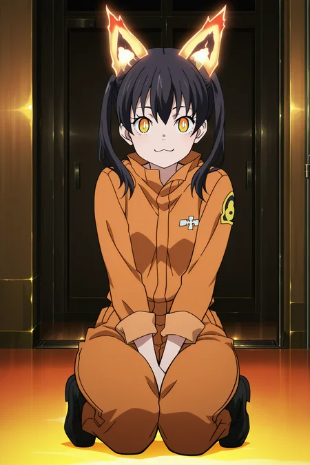 anime screencap, anime coloring, detailed face, masterpiece, best quality, very aesthetic, absurdres, official style, amazing quality, ultra detailed, highres, amazing quality, scenery, beautiful detailed hair, beautiful detailed eyes,
<lora:StS-Illustrious-Detail-Slider-v1.0:4.5>
indoors,
<lora:Tamaki_Kotatsu_Fire_Force:1>Tamaki orange jumpsuit outfit, Tamaki Kotatsu (character), 1girl, solo, boots, black hair, twintails, black footwear, orange jumpsuit, orange pants, looking at viewer, kneeling, yellow eyes, closed mouth, jumpsuit, full body, long hair, large white sclera, orange eyes, flame cat ears, flame ears, :3, happy girl, head-on