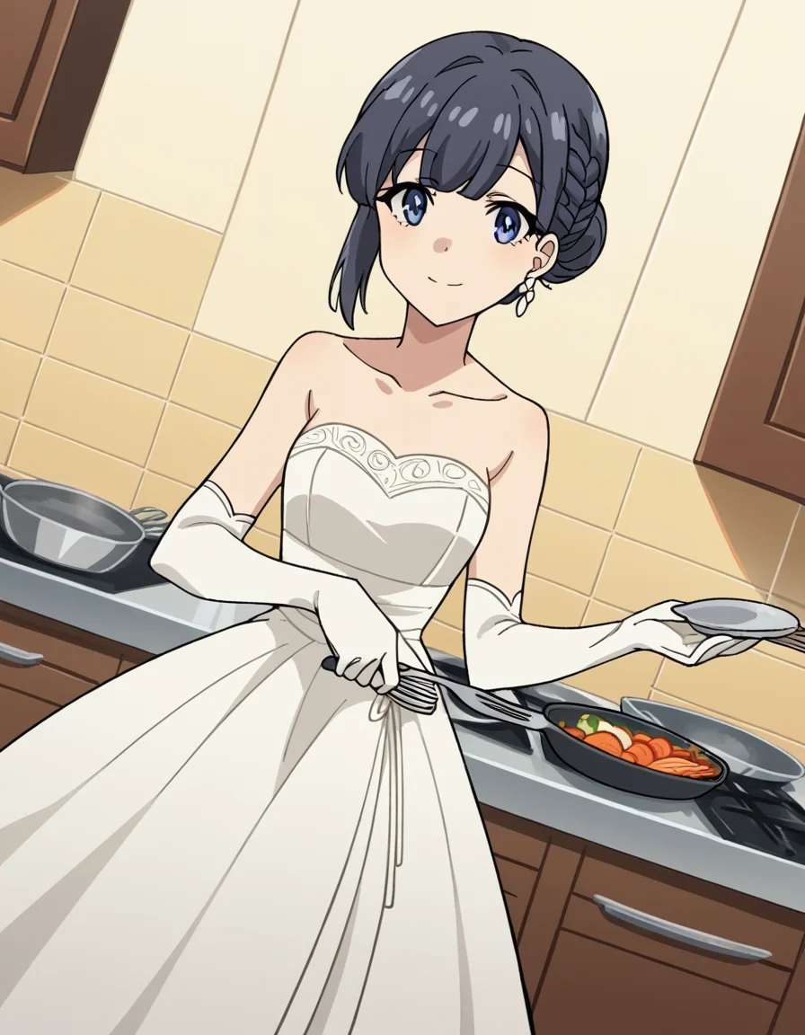 score_9, score_8_up, score_7_up, source_anime, <lora:shouko-makinohara-s1-movie-ponyxl-lora-nochekaiser:1>, shouko makinohara, blue eyes, black hair, braid,, hair bun, french braid, single hair bun, gloves, dress, bare shoulders, jewelry, collarbone, earrings, elbow gloves, white gloves, white dress, strapless, white flower, strapless dress, wedding dress, long dress,, kitchen, cooking, apron, cutting vegetables, home cooking, smile, looking at viewer, solo,, cowboy shot, dutch angle