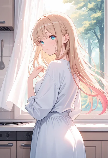 (masterpiece, best_quality, high_quality, absurdres, highres, detailed, amazing_quality, vibrant_colors, very_aesthetic, newest), kitchen, open window, wind, curtains, rim light, light particles, sof light, forest, looking back, tilted_head, light smile, casual_clothing