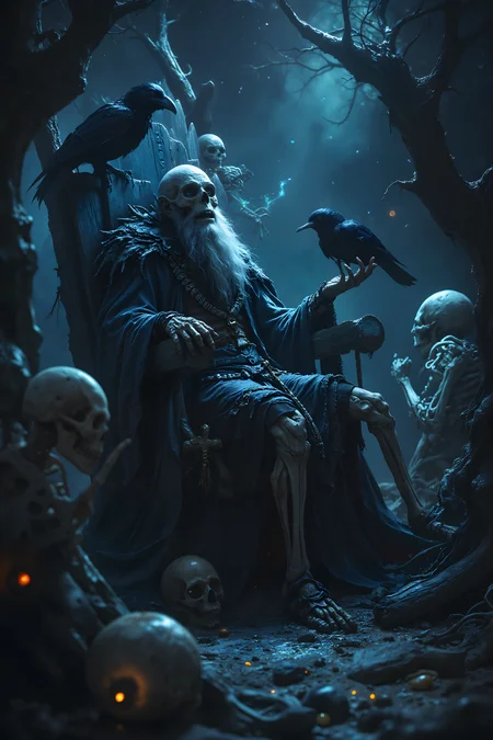 Deep within a shadowy forest, a necromancer with pale gray skin and piercing ice-blue eyes reclines on a throne of twisted roots as she watches her skeleton minions perform an impromptu play. The skeletal actors wear crude costumes made of tattered cloth and twigs, their bony jaws clacking together as they deliver overly dramatic lines in squeaky, echoing voices. Surrounding the necromancer, glowing blue will-oâ-the-wisps hover in the air, casting a soft, eerie light over the scene and highlighting the smirk playing on her lips. Her raven companion, perched on her shoulder, caws in what sounds like laughter as one skeleton trips and its skull rolls across the forest floor, only to be hurriedly retrieved and reattached. The necromancerâs dark robes shimmer faintly with magical runes, and her staff glows dimly as she casually twirls it in one hand. The forest itself seems alive, with twisted trees leaning in as though they, too, are captivated by the performance. Despite the macabre setting, the moment is lighthearted and strangely warm, filled with laughter that echoes among the shadows. , detailed background Fantastic lighting. Detailed shadows.intricate details, vivid colors, hyper-detailed, ultra-sharp, High resolution, high detail. Highly detailed. <lora:black_fantasy_1.0:0.4><lora:- Flux1 - vanta_black_V2.0:0.4><lora:- Flux1 - soothing_atmo_V2.0:0.4><lora:Flux DetailerV2:0.5>