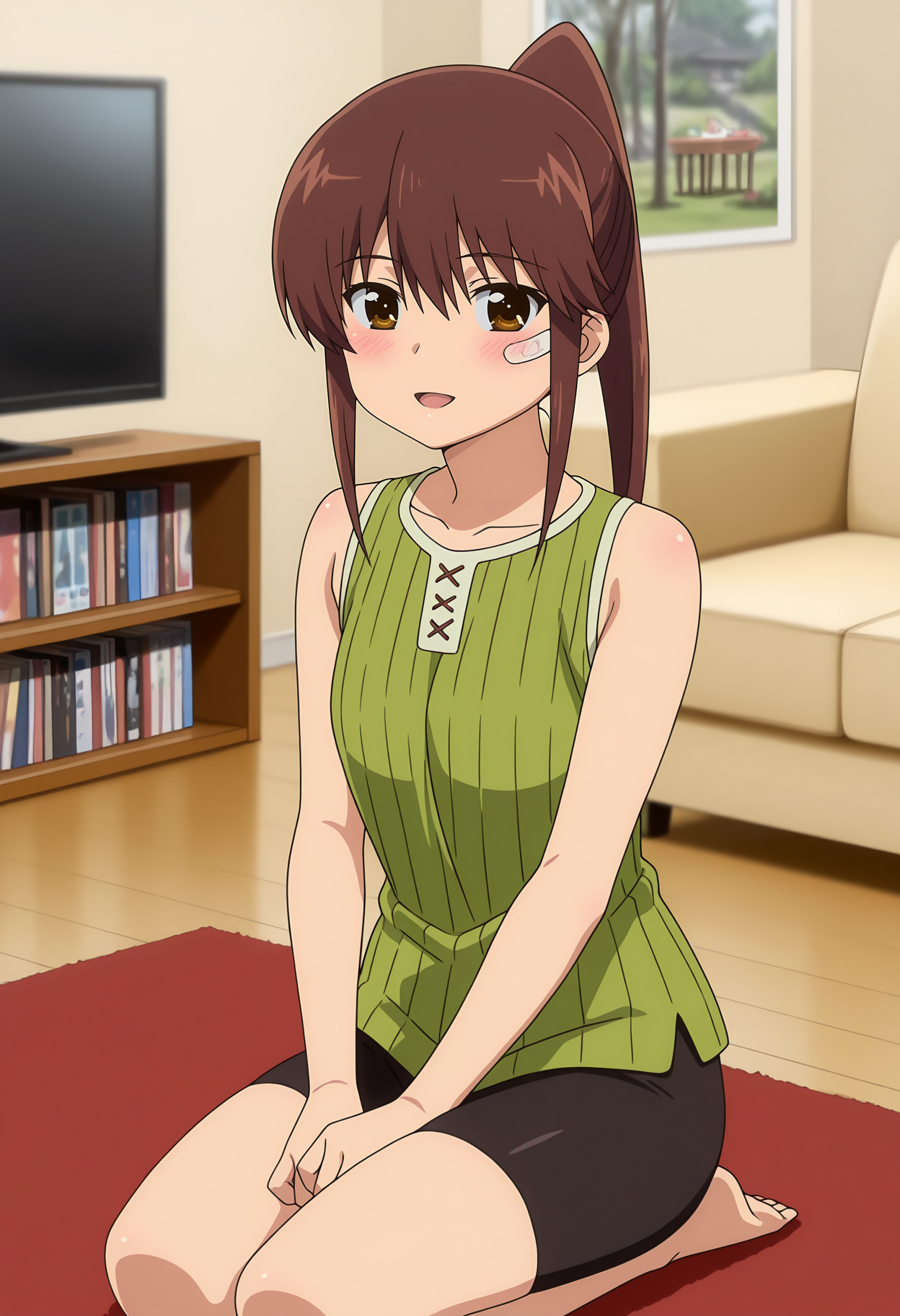 anime screencap, masterpiece, best quality,
<lora:KissXSis_SuminoeRiko_IlluXL:0.9>,
1girl, solo, open mouth, light smile, blush,
high ponytail, long hair, brown hair, brown eyes, bandaid on cheek,
bare shoulders, collarbone, sleeveless shirt, ribbed shirt, green shirt, bike shorts, black shorts,
seiza, on floor, carpet, couch, looking at viewer, cowboy shot,
living room, television, bookshelf, photo background, blurry background
