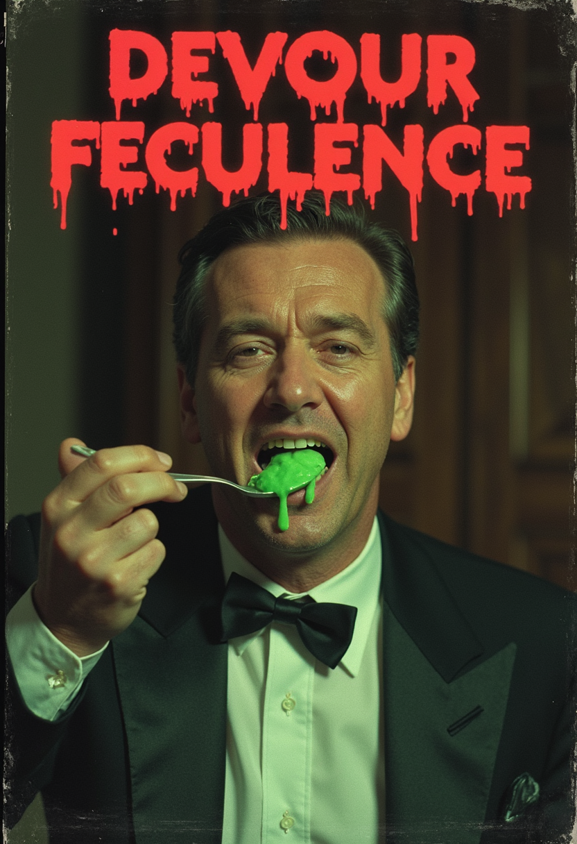 "A gritty VHS-style still of a man in a tuxedo solemnly eating a spoonful of questionable sludge, neon green slime dripping from his chin, bold red text 'DEVOUR FECULENCE' plastered across the top like a B-movie title, faint static lines and a deadpan smirk adding a absurdly serious tone."