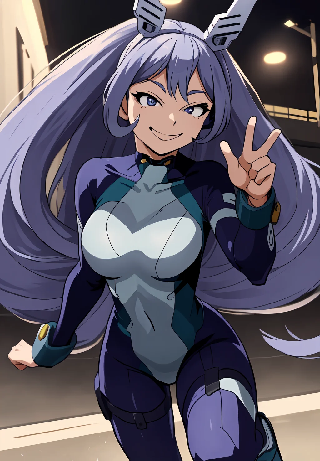 <lora:nejire_hado:0.8>, nejire_hado, (masterpiece, best quality,perfect lighting), 1girl, solo, smirk,  action pose, bodysuit, headgear,