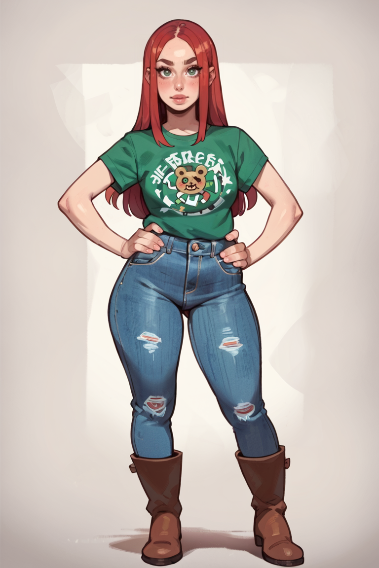 <lora:RealMix21:1>, score_9, score_8_up, score_7_up, score_6_up, score_5_up, rating_questionable, source cartoon
1girl, pretty face, pretty eyes, detailed eyes, HD eyes, thick thighs
hands on hips, standing, cowboy shot
looking at viewer, blush, eyebrows, long hair, red hair, green eyes jeans, green t-shirt, boots, high waisted jeans
simple background, white background