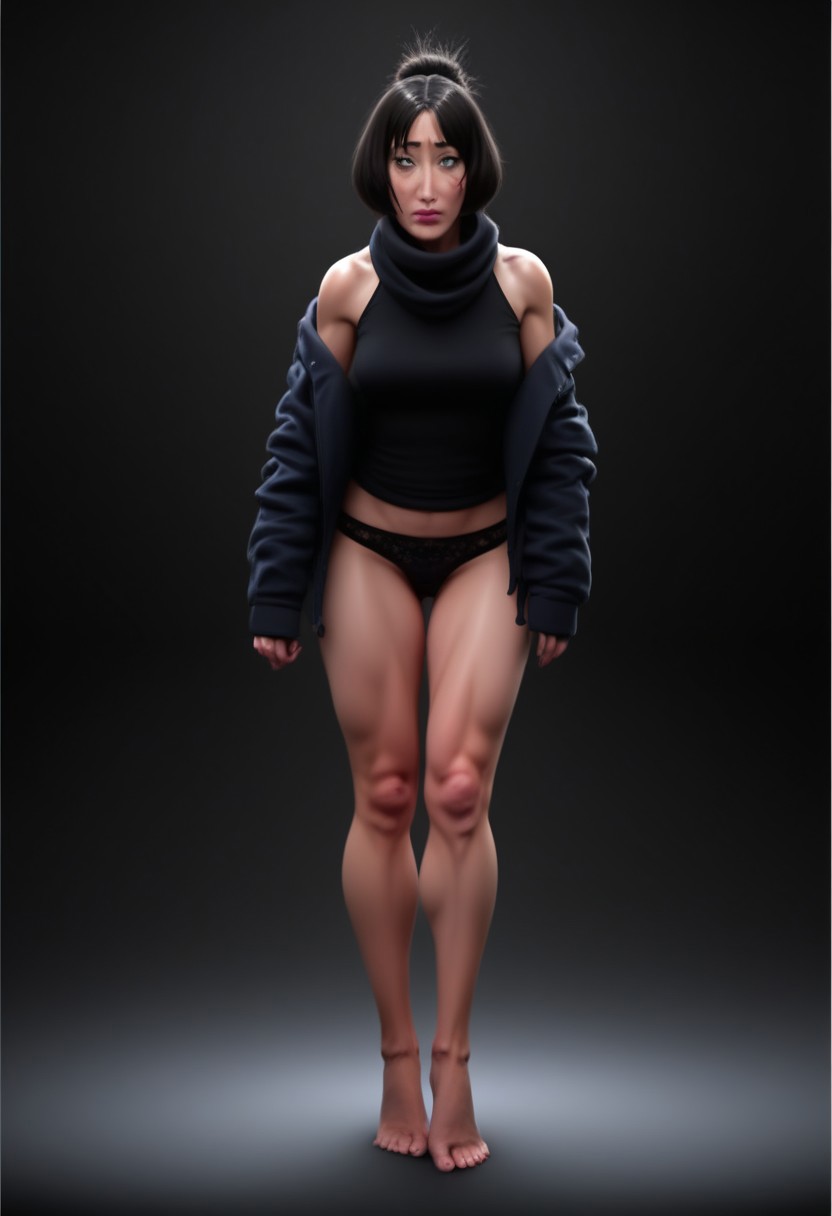 Hasselblad X2D 100C with polarizing filter, low exposure, high contrast, ISO 125, with a 50mm prime lens, Professional photo cinematic quality, The image is a photograph featuring  a mature Irish woman with black hair in a bob hairstyle, she is slim and toned with medium teardrop breasts and a very wide thigh gap, 8k hdr.  She has a fair complexion and Her hair is styled in a casual, messy updo with bangs framing her face. She has striking blue-grey eyes and a subtle, natural makeup look with a hint of pink lipstick.  wearing winter clothes thick jacket, sweater and scarf, snow is accumulating on her  hair, shoulders and clothes, Dynamic pose, at Dawn, full body view from head to toe, no trousers, black cotton bikini-cut panties with a black lace trim and a very small black satin bow in the centre of the waistband,