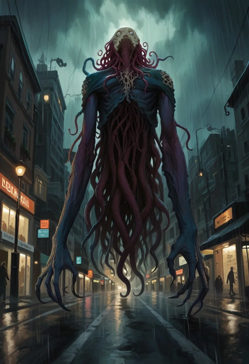 eldrazi, emrakul, score_9, score_8_up, score_7_up, rating_safe, low angle, street, night, rain, overcast, horror, eldritch
