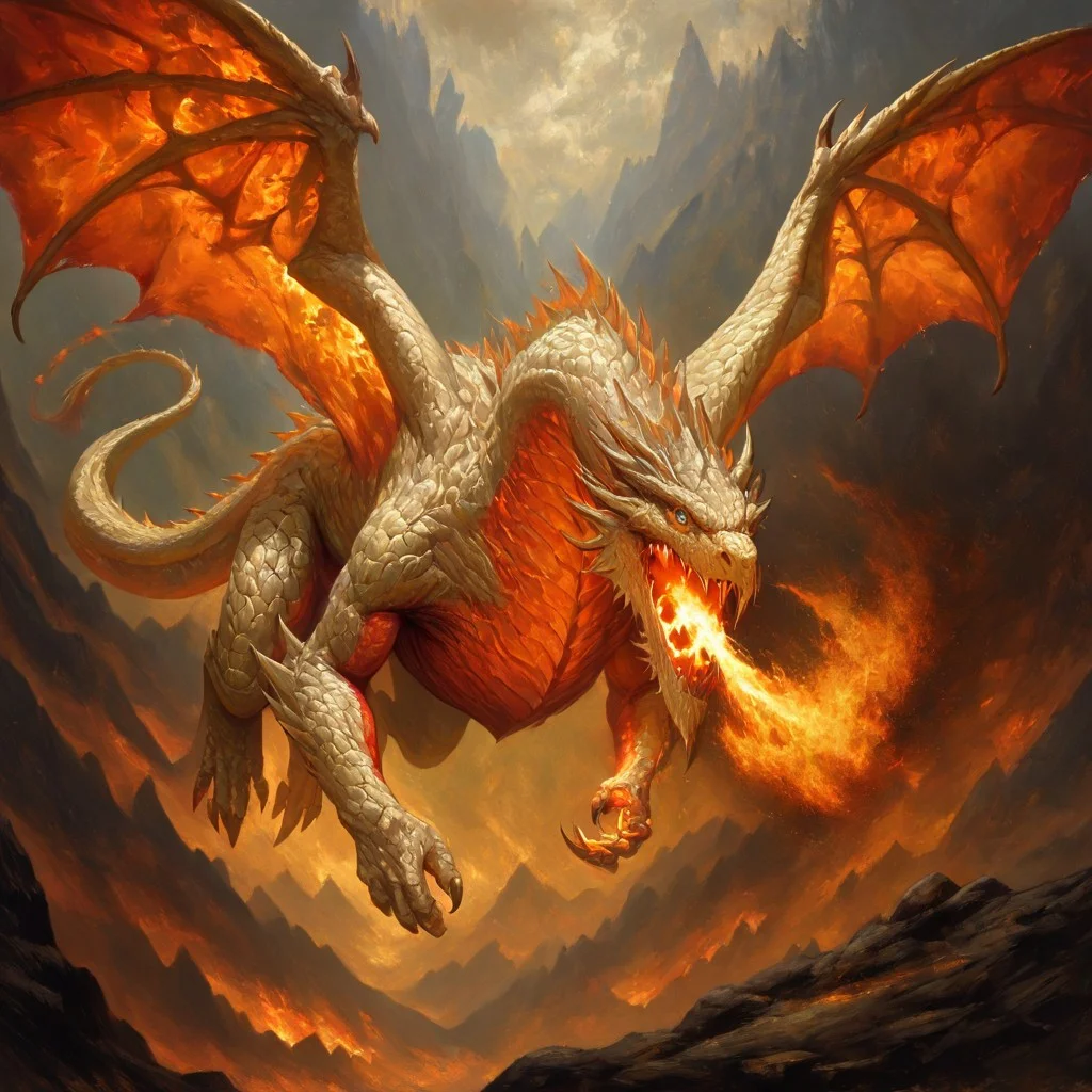 masterpiece, best quality, newest, absurdres, highres,WDIV1.0, western dragon, dragon, monster, no humans, wings, scales, GOTPV1.0, oil painting (medium), flying, breathing fire, fire,