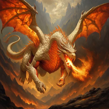 masterpiece, best quality, newest, absurdres, highres,WDIV1.0, western dragon, dragon, monster, no humans, wings, scales, GOTPV1.0, oil painting (medium), flying, breathing fire, fire,