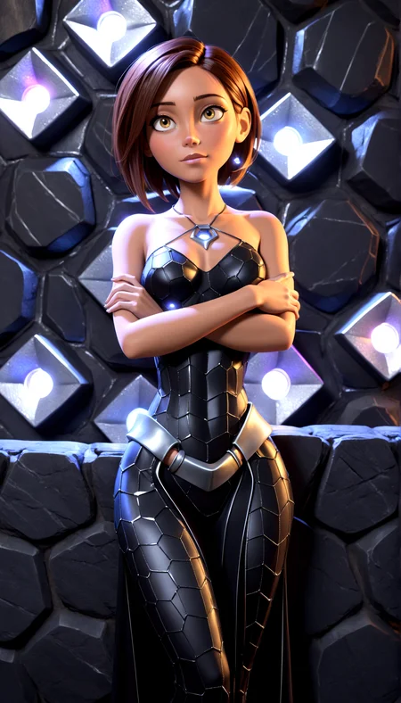 (3d pixar style:1.3), Mystical woman in an outfit with metallic hexagonal textures, in front of a stone backdrop, glowing highlights.
Leaning back against the wall, arms folded across the chest.
Eyes narrowed, with a questioning look.
