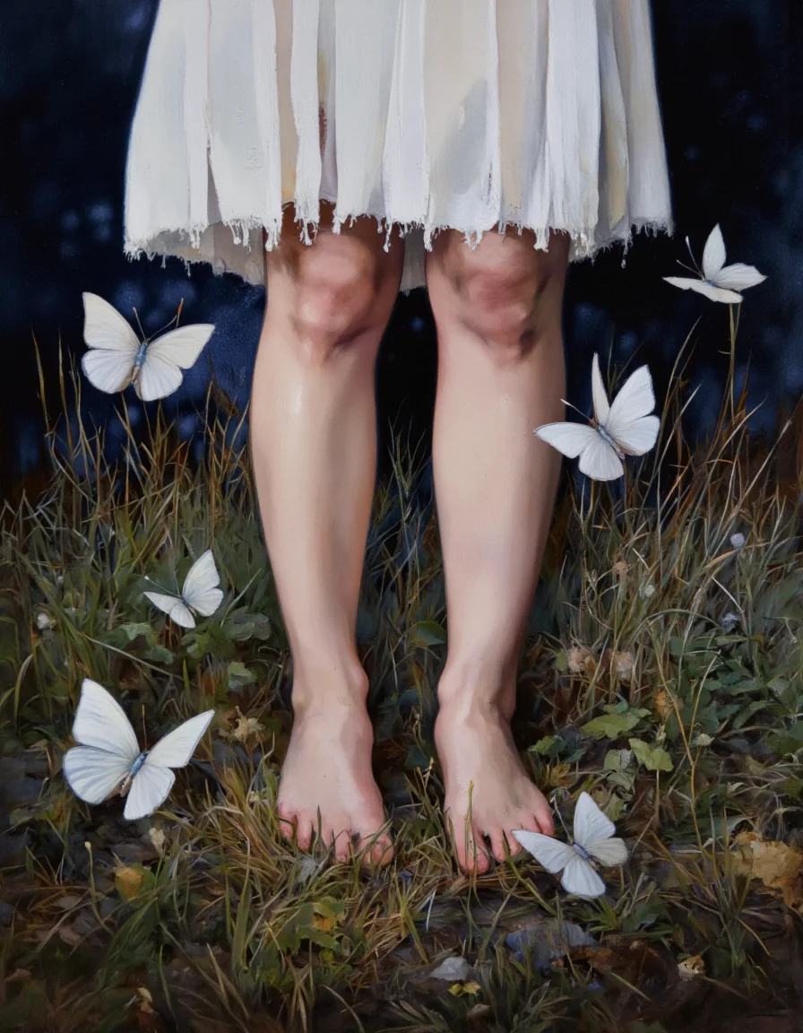 Art by Linda Delahaye. A painting of a person standing barefoot in a grassy field, surrounded by white butterflies. the focus is on the bare legs and feet of the person, with the grass beneath them and the white butterflies scattered around them. the background is a dark, indistinct space, and the lighting is soft and diffused, creating a dreamy atmosphere. the person is standing in the middle of the image, with their legs slightly apart, and their bare feet are visible in the foreground. they are wearing a white dress that is slightly frayed at the edges, giving a sense of movement and depth to the image. the overall mood of the painting is peaceful and serene, with a focus on the person's bare feet and the delicate white butterflies that surround them.