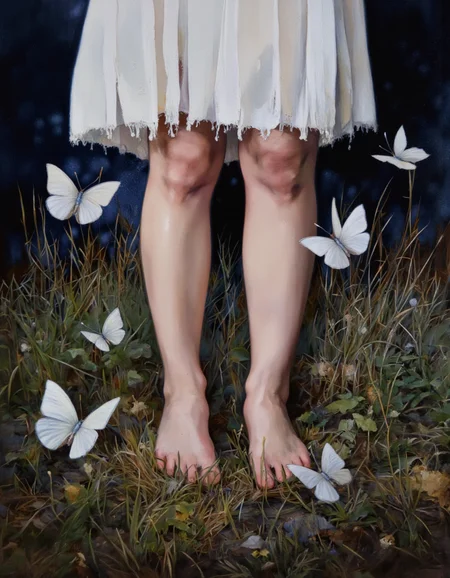 Art by Linda Delahaye. A painting of a person standing barefoot in a grassy field, surrounded by white butterflies. the focus is on the bare legs and feet of the person, with the grass beneath them and the white butterflies scattered around them. the background is a dark, indistinct space, and the lighting is soft and diffused, creating a dreamy atmosphere. the person is standing in the middle of the image, with their legs slightly apart, and their bare feet are visible in the foreground. they are wearing a white dress that is slightly frayed at the edges, giving a sense of movement and depth to the image. the overall mood of the painting is peaceful and serene, with a focus on the person's bare feet and the delicate white butterflies that surround them.