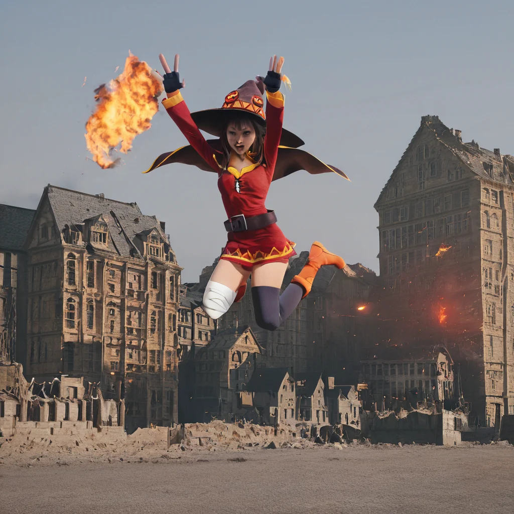 sfw, masterpiece, best quality,absurderes,source_photo,cinematic,realistic,photo,full body,1girl,solo,megumin,witch hat,jumping,cape,dress,fire,explosion,suprise,outdoors,town,burning buildings, <lora:Reallustrious_Beta:0.8>