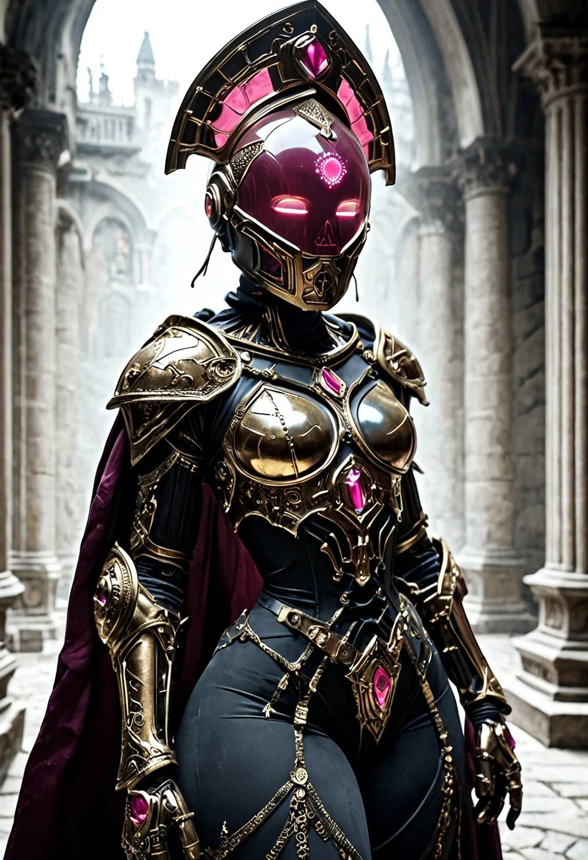 score_9, score_8_up, score_7_up, 1girl, realistic, (sexy petite 18yo named (Sonya crouched low, taking cover) in an (empty dark hangar bay)), (Sonya wears an (ornate (kitten|angel) open-front power armor battle suit and complex cyberpunk helmet)), (the armor is open and exposed in the front, exposing (her (massive perky bare breasts), exposed proud nipples, belly button, and shaved bare pussy)):3, worn over the armor is a (dark purple) military cadet outfit, with ornate jewel encrusted medals, glowing hexagonal exhaust ports, equipment straps, belts of ammunition, camouflage yoga pants, long armored gauntlets, enormous platform tennis shoes, intricate gold trim and detailing, Sonya is incredibly sexy, she has (beautiful young skin, tiny waist, thicc, thick thighs, toned calves, juicy, petite neck, petite shoulders, long thin neck, natural beauty), the armor is (cybernetic, ornate, black crystal minerals, complex, stealth, heavy plates, futuristic, large flaps, folding antennae and many interconnected cables and tubes, glowing lights, the (large 7-HyperHelmets) helmet has huge earphones, large glass dome visor, full gas mask with cables connecting to her backpack, the hangar bay is (futuristic, dark, huge, dark passageways and doorways, smoky haze, glowing screens, racks of equipment, racks of ammunition, ((dramatic high-angle extreme closeup shot focused on helmet):1.4), juicy bright magenta color palette, dramatic cinematic split complementary grading, realism, realistic, real life, photorealistic, detailed