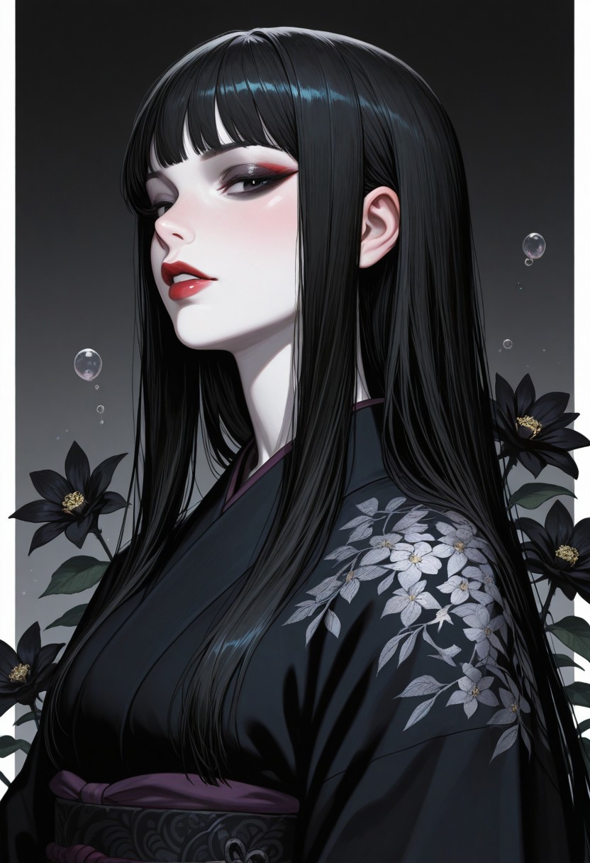 black background,simple background,Volumetric Lighting,looking at the viewer,glowing,1girl,mature female,milf,black hair,bubble,black eyes,solo,makeup,hime haircut,long hair,paleskin,colored skin,white skin,japanese clothes,kimono,eyeshadow,black hair,flower,black kimono,streaked hair,upper body,parted lips,grey background,black flower,black eyeliner,white border, masterpiece,best quality,amazing quality,high quality, newest, highres,8K,HDR,absurdres,vibrant colors,Volumetric lighting,cinematic,
<lora:iLLMythM4gicalL1nes:0.4>,m4gicall1nes,<lora:Sinozick_style:0.4>,sinozick_illu,zPDXL2,