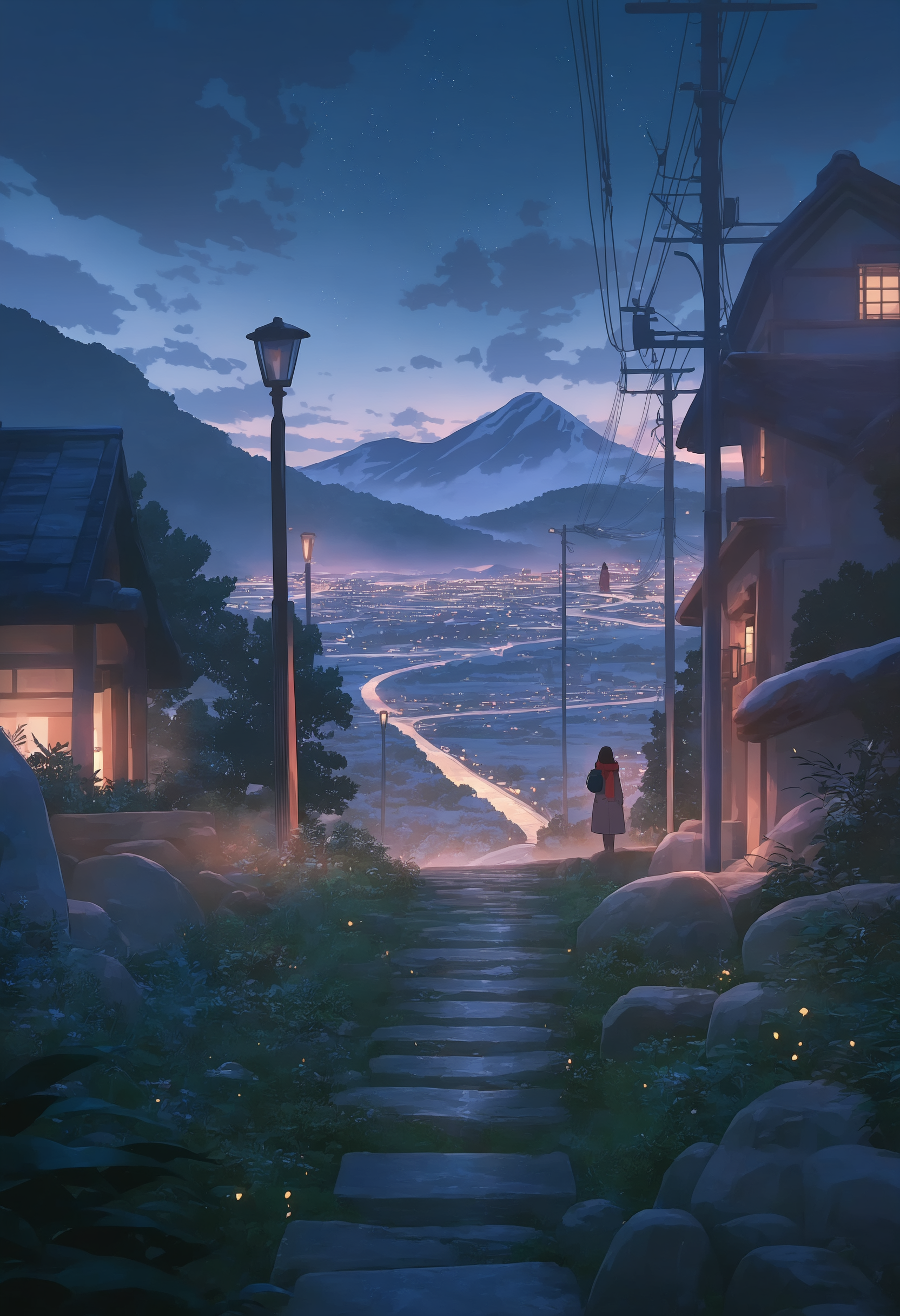 masterpiece, best quality, newest, very awa, anime screencap, scenery, wide shot, no humans, footprints, night, snow, sky, lamppost, scenery, outdoors, house, solo, star \(sky\), night sky, cloud, starry sky, scarf, winter, building, coat, road, 1girl, power lines, long hair, winter clothes, utility pole, winter coat, standing, city lights, landscape, mountain, red scarf, wide shot, bag, cloudy sky, dark, snowing, town, grass, cityscape, chimney, light