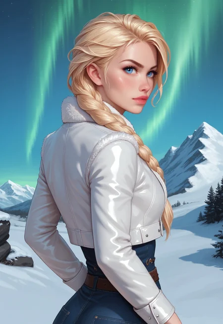 safe_pos, core_9, score_8_up, score_8, semi realistic, ultra detailed, 8k, high quality, hi res, high quality, detailed eyes, perfecteyes, detailed face, 1girl, sharp focus, cowboy-shot, focus on hip, (1girl:1.2), arctic explorer, winter gear, fair skin, long braided blonde hair, realistic, cinematic angle, cinematic lighting, athletic body, determined face, blue eyes, adventurous pose
BREAK
traversing a snowy, icy landscape under the Northern Lights
BREAK
source_arctic_art, rating_explicit, expressive, half body, back view, dynamic pose
BREAK
detailed beautiful background, snow-covered mountains, frozen lakes, glistening ice formations, aurora borealis, starry night sky, crisp arctic air
(((full clothed)))